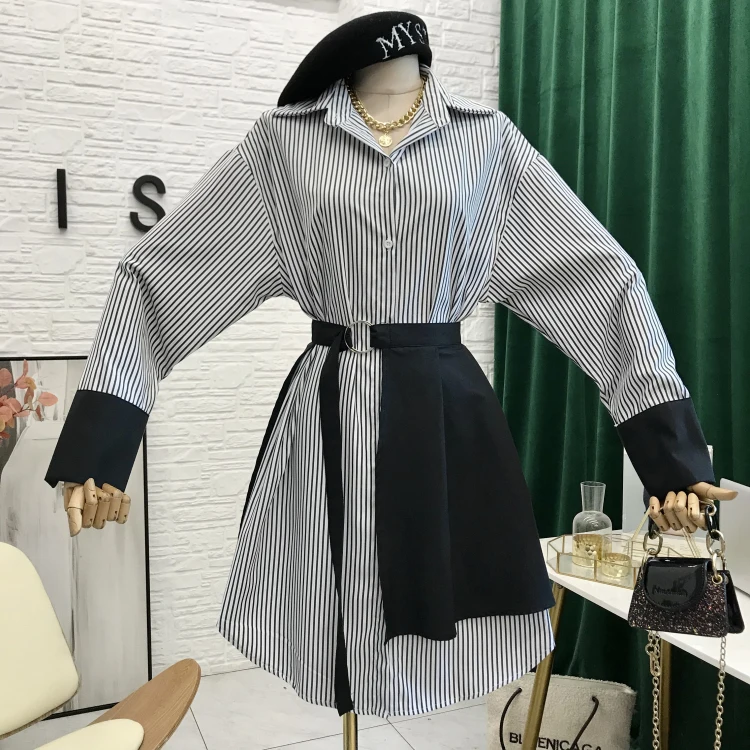 

2020 Early Autumn Dress Sets Woman New Sweet Two Piece Suit Striped Design Shirt + Belt Skirt Girls Students Outfits