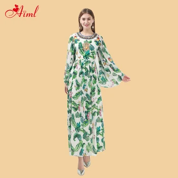 

Fashion Designer 2020 Women Spring Summer Chiffon Dress Diamond sequins Green Print Bat sleeve Party Elegant Dresses robe New