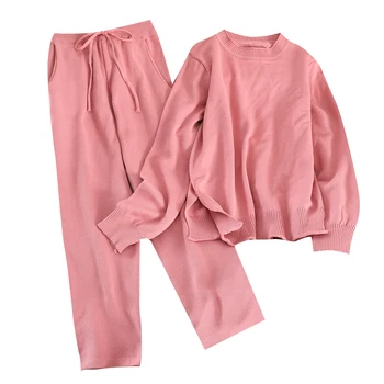 

autumn winter 2 piece set women knitted suit loose half turtleneck sweater wide legs pants suit tracksuit trousers