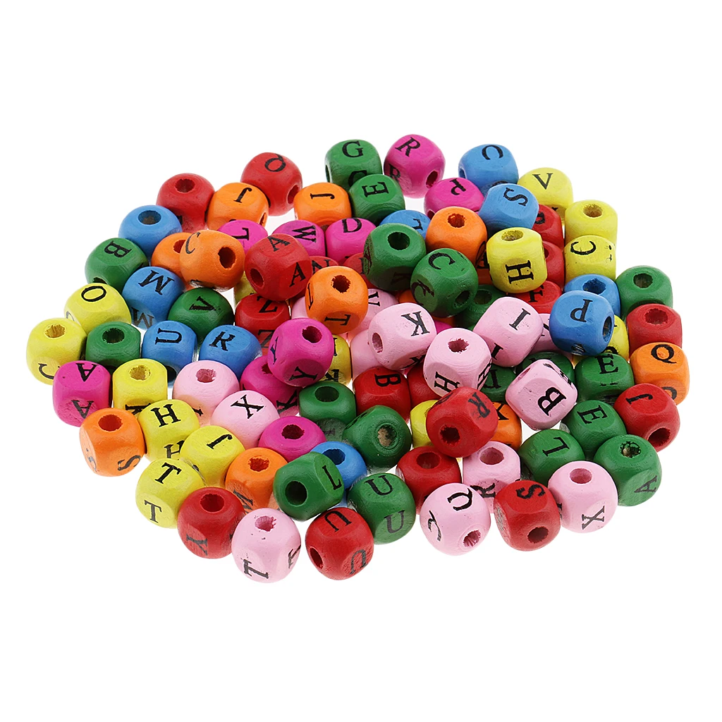 100 Piece Mini Wooden Alphabet Letters Printed Cube Beads for Jewelry Making Craft 10mm