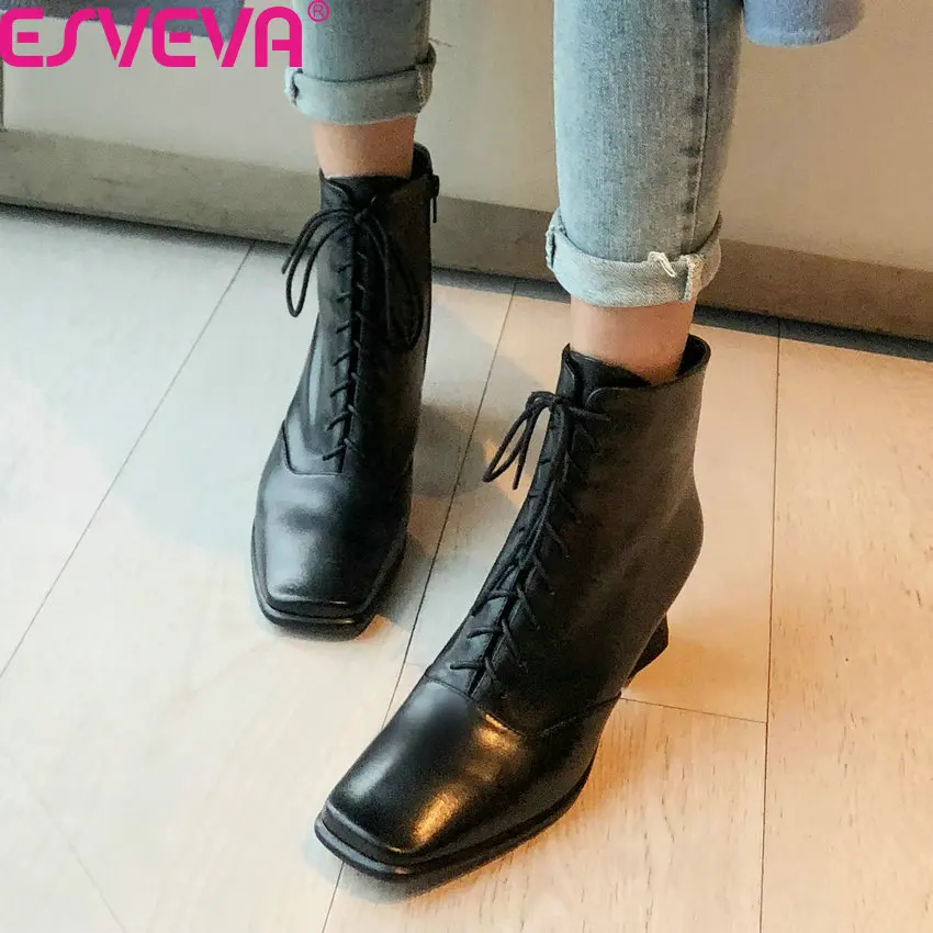 

ESVEVA 2020 Retro Square Toe Lace Up Zipper Autumn Winter Ankle Boots Quality Cow Leather Square High Heel Women Shoes Size34-39