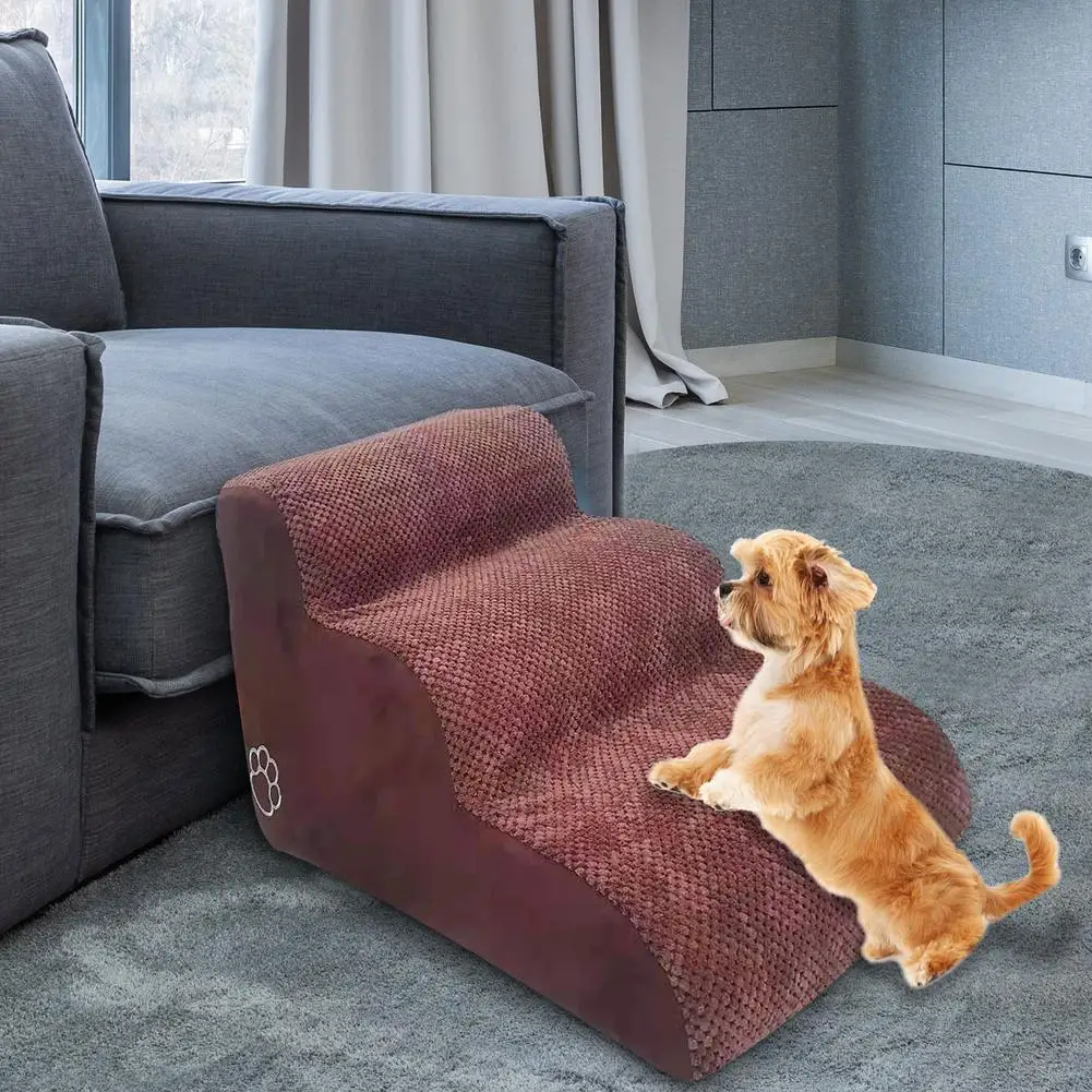 Pet Steps 3-Steps Foam Dog Stairs Brown Gray With Removable Cover Dog Stairs Non Slip Flannel