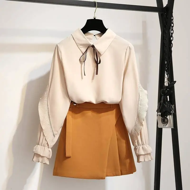 Yellow set Летняя женская одежда, осенние корейские милые комплекты из двух предметов, женская блузка с оборками+ мини-юбка, костюмы для женщин, модная облегающая одежда - Цвет: Yellow set