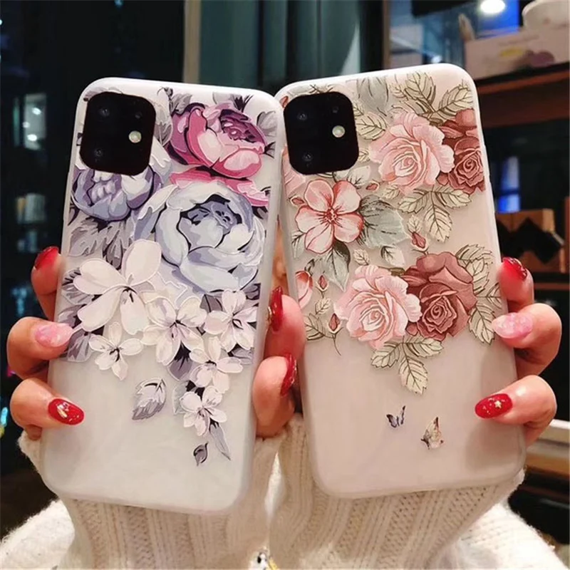 Lovebay For iPhone 11 Pro Max X XR XS 6 6s 7 8 Plus Matte Tricky 3D Art Rose Flower Painting Relief Soft TPU Back Cover Fundas