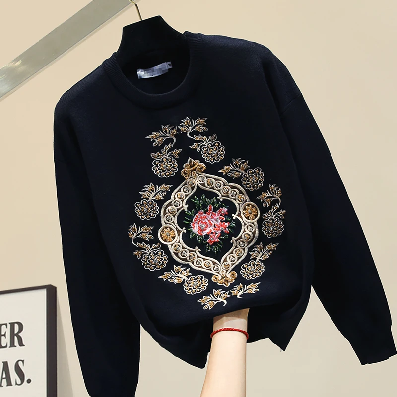 

2019 Winter Black Sweater Sweter New Women's Embroidered Flower Sweater Autumn Blusa Loose Sweaters Pull Femme Nancylim