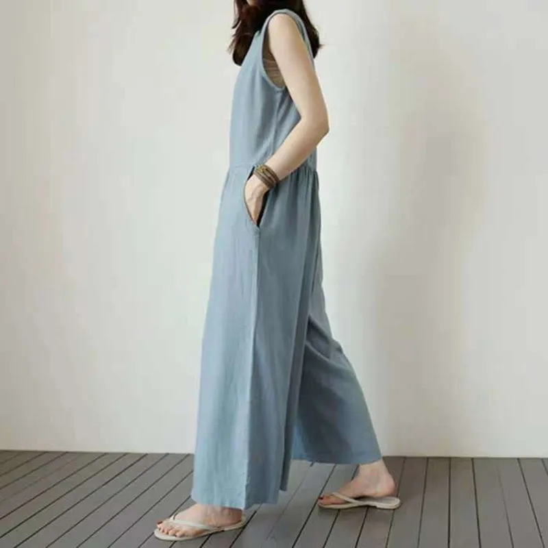 Johnature 2020 New Korean Casual Cotton Linen Sleeveless Loose Jumpsuits Women Summer Pockets Ankle-length Bodysuits Johnature 2020 New Korean Casual Cotton Linen Sleeveless Loose Jumpsuits Women Summer Pockets Ankle-length Bodysuits