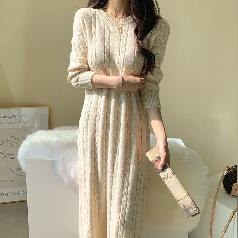 Autumn And Winter Chic New Women's Round Neck Twist Knit Mid-Length Sweater Long Dress