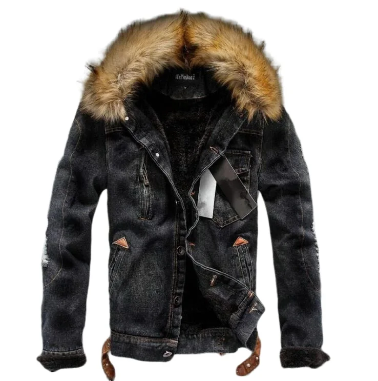 Прямая, Мужская зимняя теплая куртка, джинсовое пальто с капюшоном, теплые джинсовые парки, Мужское пальто, джинсовая куртка с капюшоном и меховым воротником