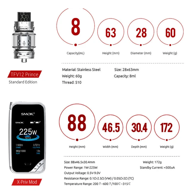 Original SMOK X-PRIV KIT 225W X Priv Vape Box Mod Full Screen 8ml TFV12  Prince Tank Electronic Cigarette Vaporizer VS G-priv 4 - AliExpress