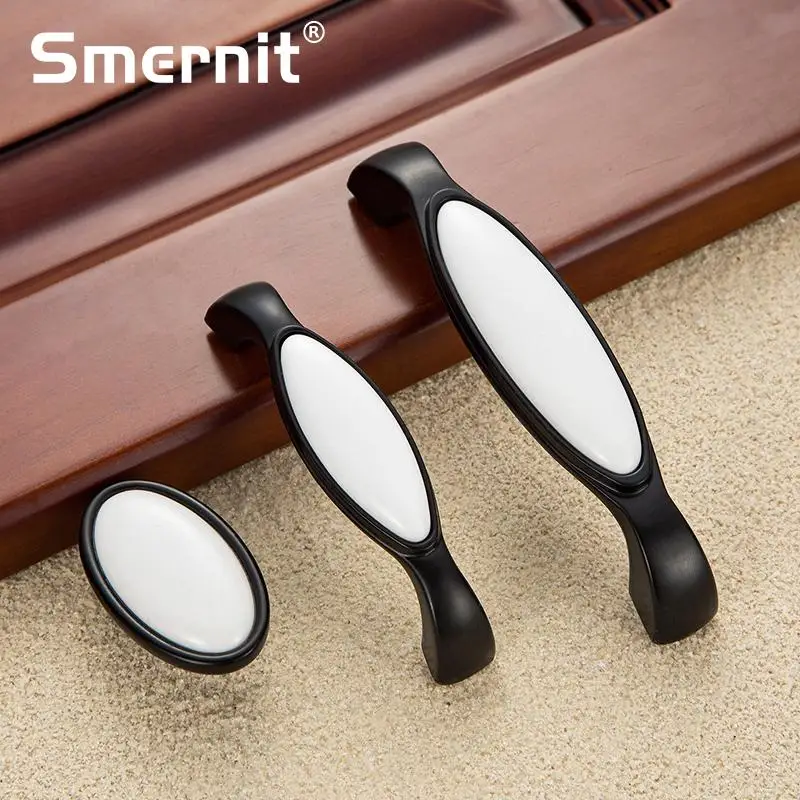 Black White Ceramic Door Handles Drawer Pulls Modern Kitchen