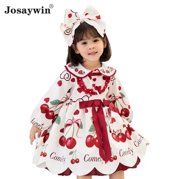 

Lolita Girl Dress Autumn Winter Kids Cherry Printed Dresses Baby Princess Infant Birthday Baptism Ball Gowns Children Clothes