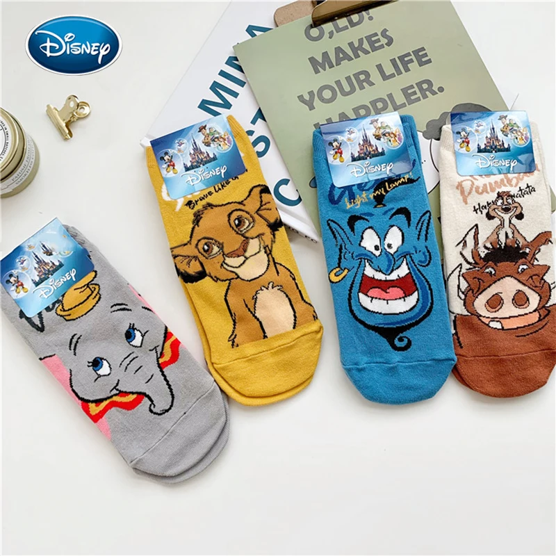 Disney 1pair Mickey Lion King Simba/Wild Boar/Aladdin Lamp God/Dumbo Socks Harajuku cartoon Print Funny sock Adult short Sock