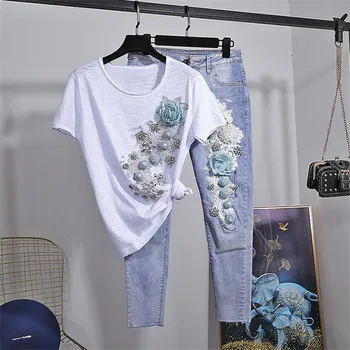 

Summer Fashion Beading Sequins Flowers Cotton T shirt Elasticity Pencil Denim Pants Set Female Loose White Tee Shirt Jeans 2pcs