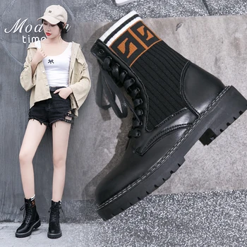 

British style Martin boots women's boots autumn new Korean version of the wild net red boots thick heel stretch socks boots