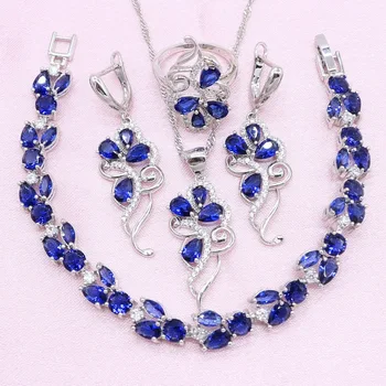 

Noble Silver Color Wedding Jewelry Sets For Women Royal Blue Cubic Zirconia Exquisite Earring Pendant Necklace Ring Bracelet