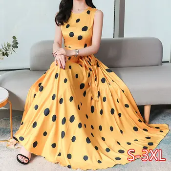 

Women Summer Polka Dot Dress New French Elegant Elegant Retro With Waist Belt Long Maxi Sleeveless Slim O Neck Dress