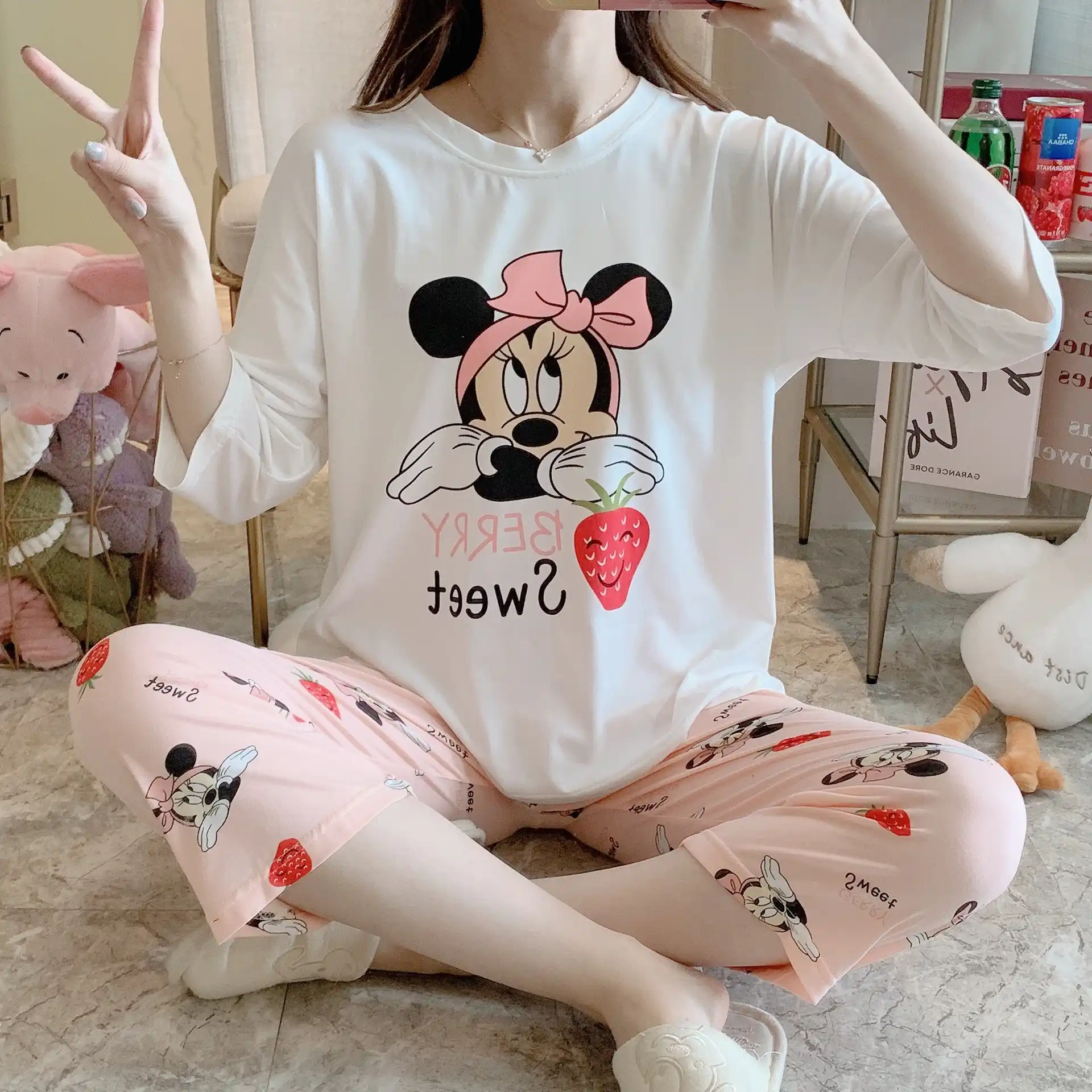 ディズニーミニーマウスパジャマセット女性パジャマかわいい漫画シンバプーさん薄型3分袖pijamas女の子夏パジャマ パジャマセット Aliexpress