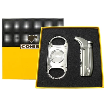 

COHIBA Metal Windproof 2 Jet Flame Torch Cigarette Lighter Big Size Super Sharp Dual Blades Cigar Cutter With Gift Box