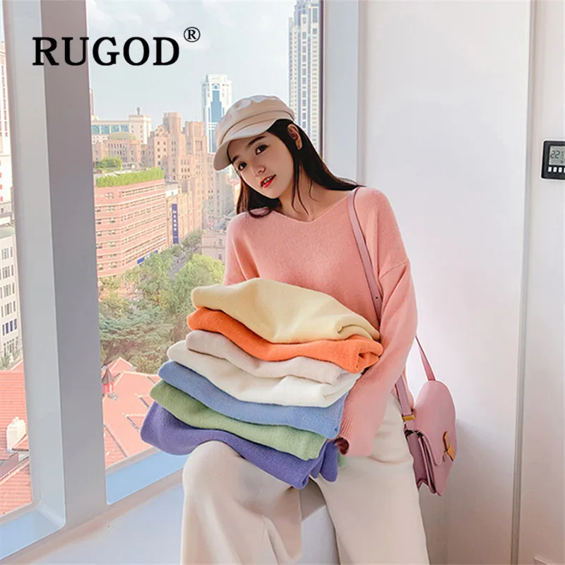 RUGOD Elegant knit sweater women Fashion v neck long sleeve pullover sweaters casual solid mutil color oversized outwear