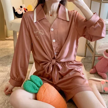 

Pajamas Sets for Women Summer Ladies Sleepwear Sets Women's Home Wear Satin Silk Nightwear Long Sleeves Pyjamas