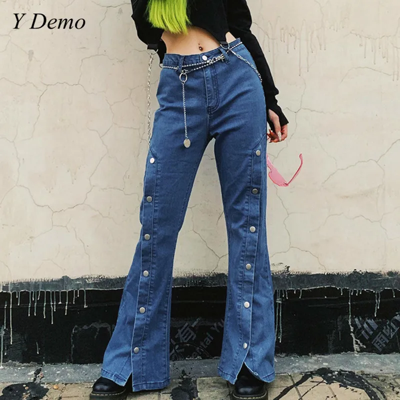 

Women Buttons Open Splite Denim Pants High Waist Side Open Casual Vintage Flare Pants