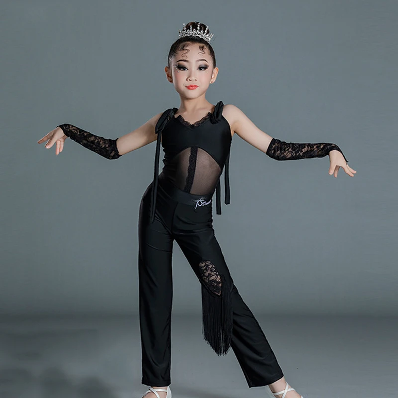 

Latin Dance Costume Girls Ballroom Competition Dresses Sleeveless Top For Dancing Velvet Fringed Pants Latin Dancewear SL5567