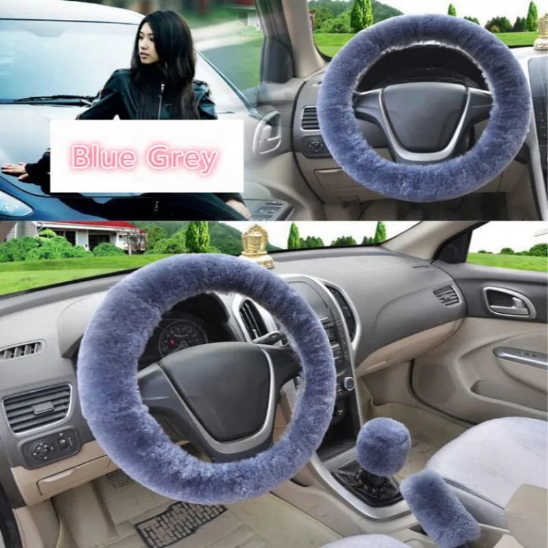 Universal Steering-wheel Plush Car Steering Wheel Covers Winter Faux fur Hand Brake& Gear Cover Set Car Interior Accessories - Название цвета: Grey