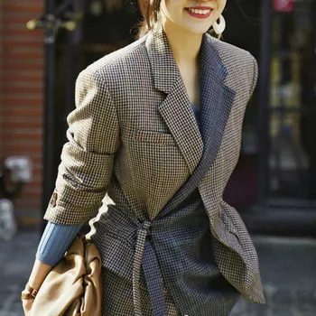 

iMucci 2020 New Spring Tunr-down Collar Women Blazers Long Sleeve Patchwork Plaid Vintage Fashion Female Coat Loose Tide TM1378