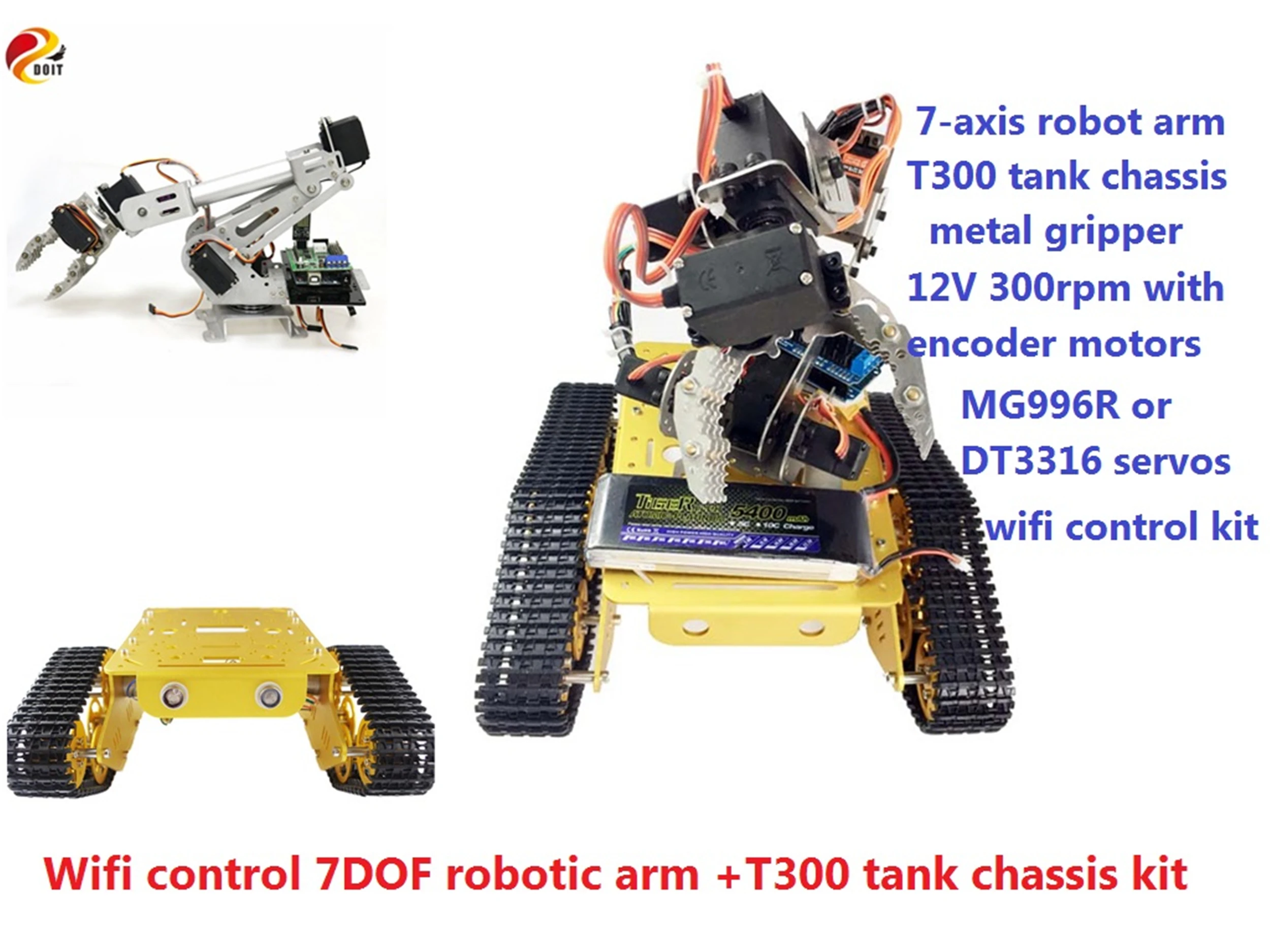 WIFI Control 7DOF Metal Vehicle Robot 7-Axis Robotic Arm with Gripper+T300 Smart Tank Chassis Kit Motors Servos Educational DIY WIFI Control 7DOF Metal Vehicle Robot 7-Axis Robotic Arm with Gripper+T300 Smart Tank Chassis Kit Motors Servos Educational DIY