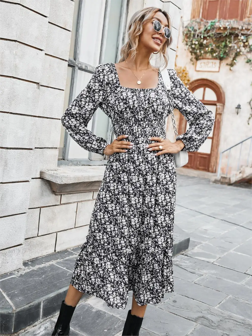 Chifirena Elegant Party Mid-Length Vintage Autumn Dress Women Square Collar Floral Print Ruffles Casual Dresses Minie Vestidos