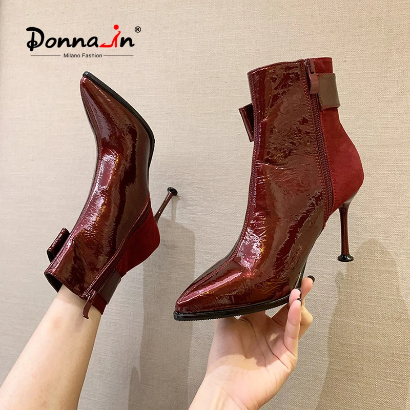 

Donna-in 2020 New Fashion Pointed Toe Women's Winter Boots Sexy High Heel Stiletto Heel Patent Leather Boot Warm Female Shoes
