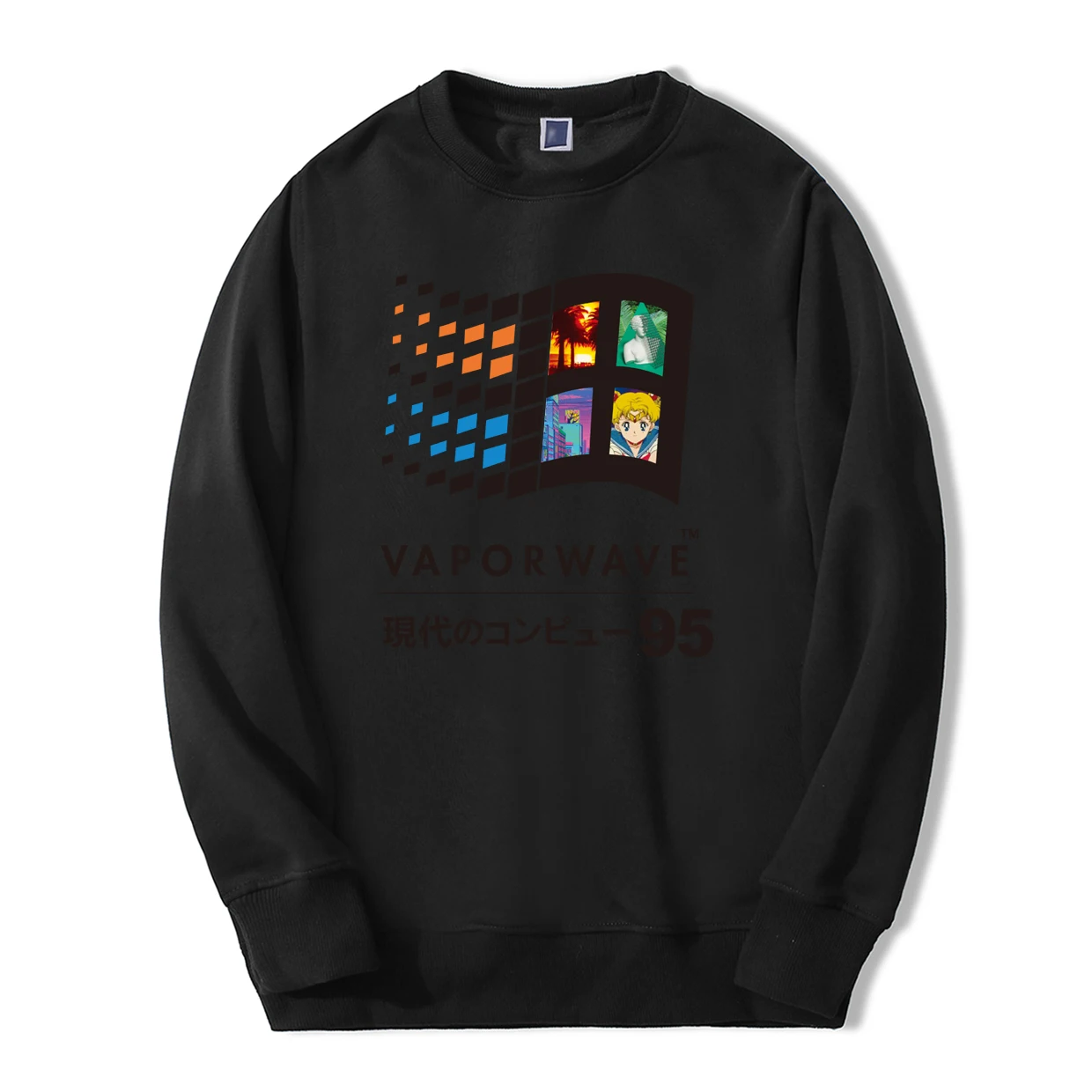 Весна Зима Vaporwave винтажный Ретро японский аниме эстетический мужской свитер толстовки хип хоп Уличная Повседневная спортивная одежда - Цвет: Black 6