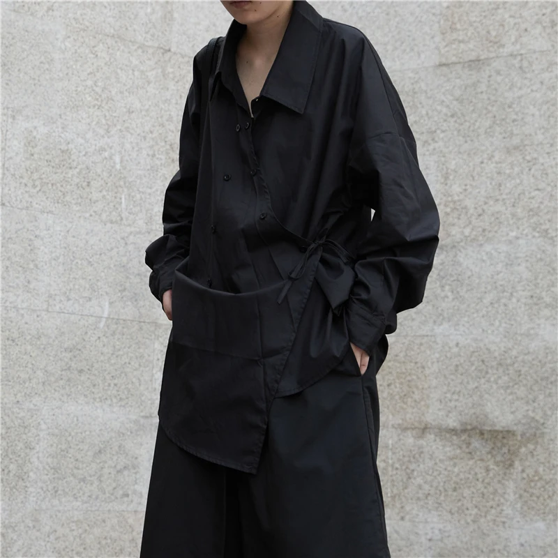 [EAM] Women Black Irregular Split Big Size Long