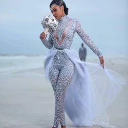 2023 Wedding Dress Gorgeous Jumpsuits With Detachable Train High Neck Beads Crystal Long Sleeves Modest Dresses African Bridal