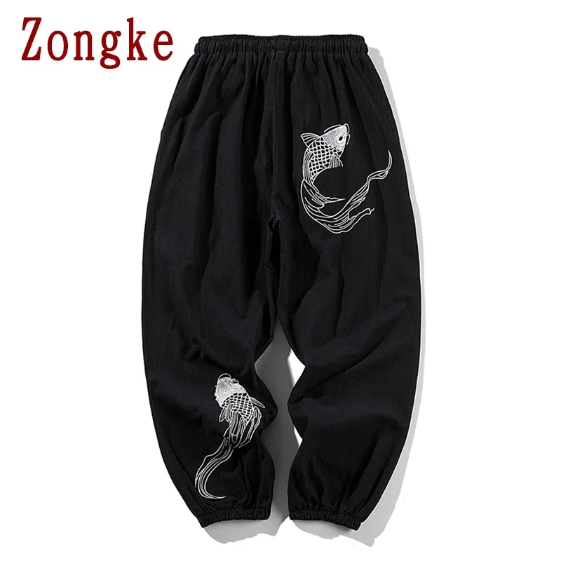 Zongke брюки с вышивкой карпа, мужские брюки для бега, мужские брюки, уличная одежда, спортивные штаны, шаровары, мужские брюки, 5XL, осень, новинка