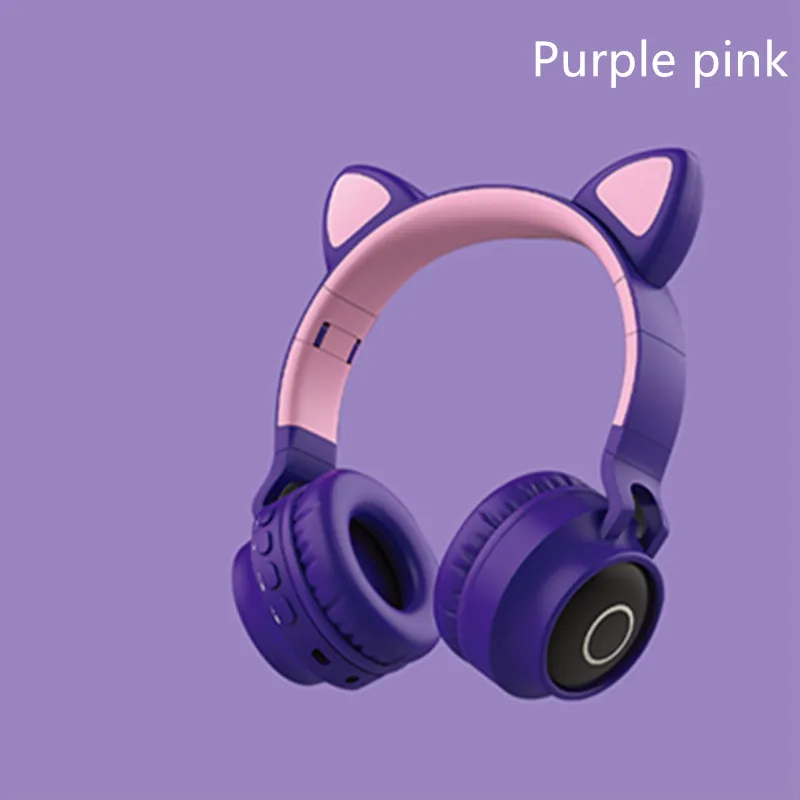 Purple Pink Светодиодный светильник милые кошачьи наушники Bluetooth 5,0 стерео Складная Беспроводная гарнитура с микрофоном Поддержка TF карты fm-радио разъем 3,5 мм - Цвет: Purple Pink
