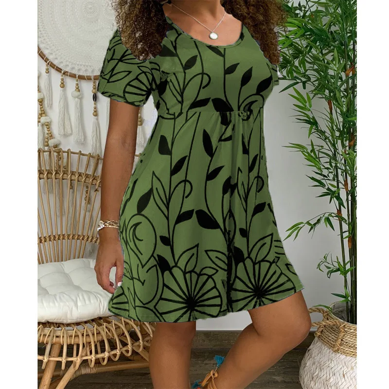 

Summer Women Mini Dress O neck Short Sleeve Floral Print Lady Clothes Casual Empire A line Loose Boho Beach Dresse Vestidos 2020