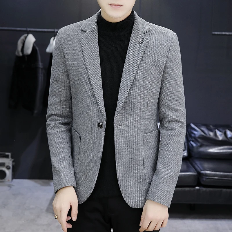 

UYUK 2019 new casual suit men coat autumn and winter plus velvet business Slim Korean version clothing Chinese Style Gray