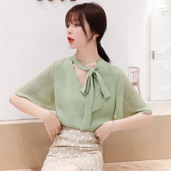 

Women's Chiffon Solid Color Bow V-neck Short Sleeve T-Shirt red