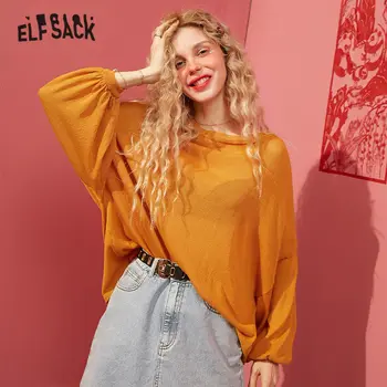 

ELFSACK White Solid Minimalist Loose Casual Knit Pullover Sweater Women 2020 Spring Pure Lantern Sleeve Ladies Basic Daily Top