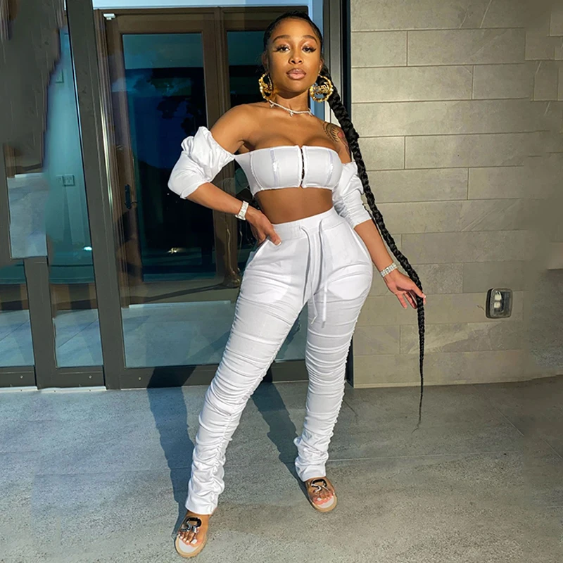 

Off Shoulder Sexy Bodycon Matching Sets Women Short Sleeve Club Party Two Piece Set Outfits Bodycon Top And Stacked Pants Set