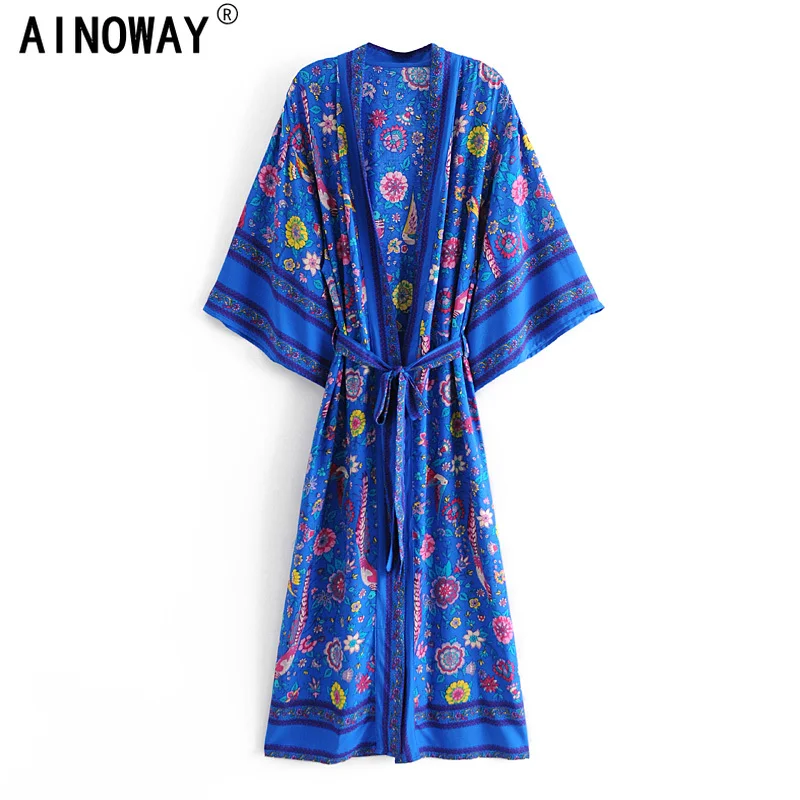 Dress Kimono Boho Peacock Bohemian Blue Robe Batwing-Sleeves Floral-Print Chic Vintage