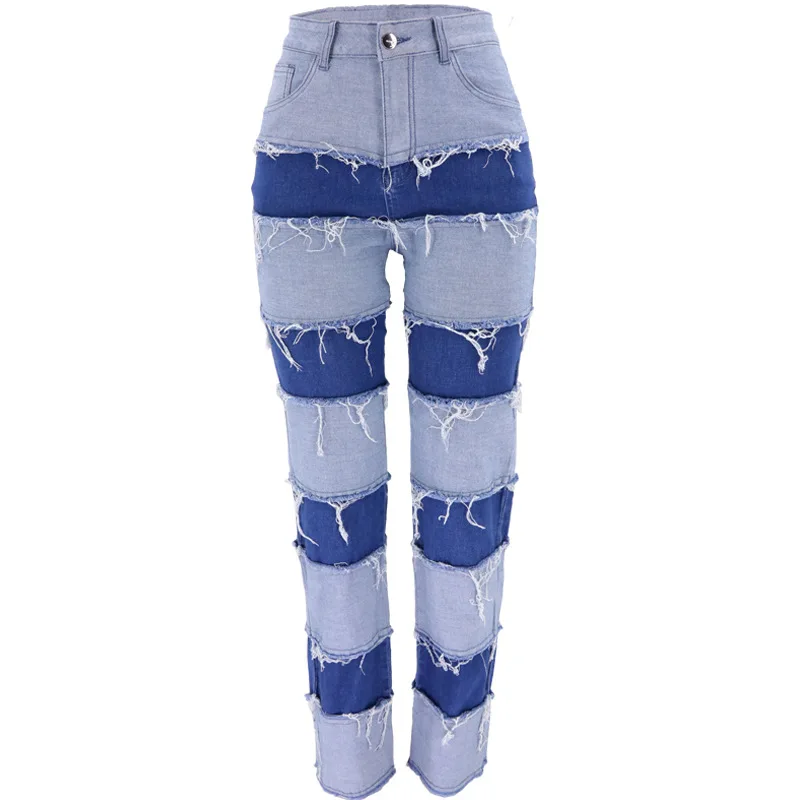 chrome hearts jeans Brown Patchwork Denim Pants Women Fashion Color Block High Waist Straight Leg Jeans Female Vintage Loose Tassel Wide Leg Jeans white jeans