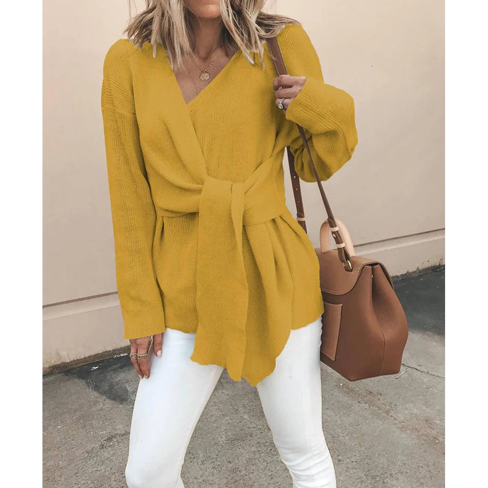 

Autumn And Winter Women Cardigan Fashion Ladies V-Neck Tie Long-Sleeved Blouse Woolen Coat Women's Polyester Top Dopshiping