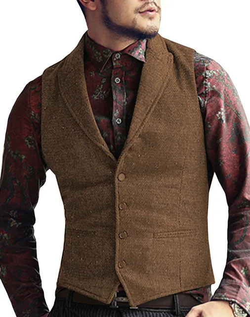 Good Value Suit Vest Waistcoat Groomman Formal Casual Mens V-Neck Wool Lapel Herringbone Black/brown dmx5M9lKbZj