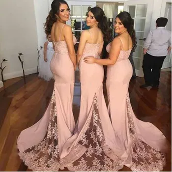 

Lace Appliqued Beading Spaghetti Straps Mermaid Bridesmaid Dresses Simple Sleeveless Sweetheart Neck Floor Length Party Gown