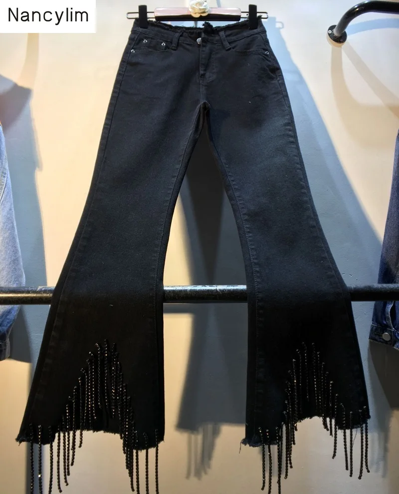 

2019 Autumn European New Heavy Black Tassel Diamond High Waist Slim Jeans Women's Trousers Denim Pants Jeans Female Streetwear