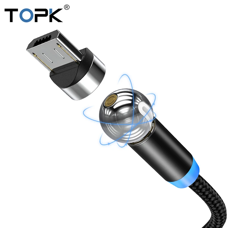TOPK вращающийся на 360 градусов Магнитный кабель Micro usb type C светодиодный магнитный кабель для зарядки для iPhone 11Pro Max Xs Max X 8 7 6