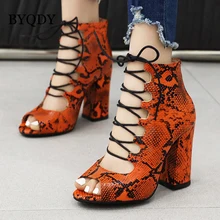 BYQDY Summer Ankle Boots Snake Skin Pattern Shoes High Heels Open Toe Chunky High Heels Cross-Tie Shoes Ladies Gladiator Booties