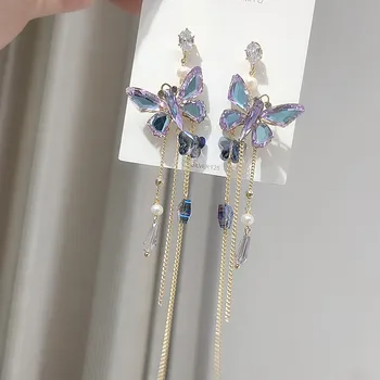 

2020 New Arrival Vintage Purple Crystal Butterfly Long Tassel Drop Earrings For Women Party Pendientes Jewelry